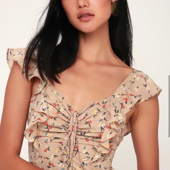 J.O.A. Beige Floral Mini Dress Ruched Tan - Picture 3 of 13